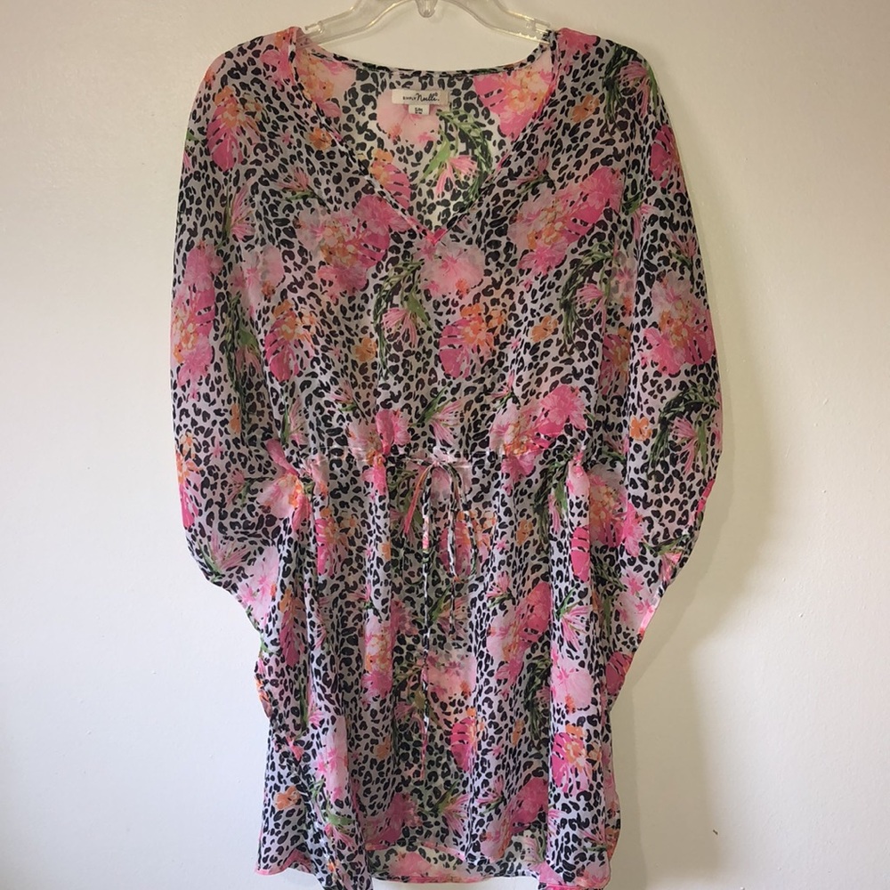 2/$20 Sale Simply Noelle Sheer Pink/Black Flowered Cover Up or Tunic S/M